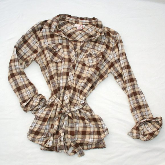 🍁CARAMEL PLAID BUTTON DOWN SHIRT SOFT FLANNEL LADIES JUNIORS XL TOP WAIST TIE - Picture 13 of 13